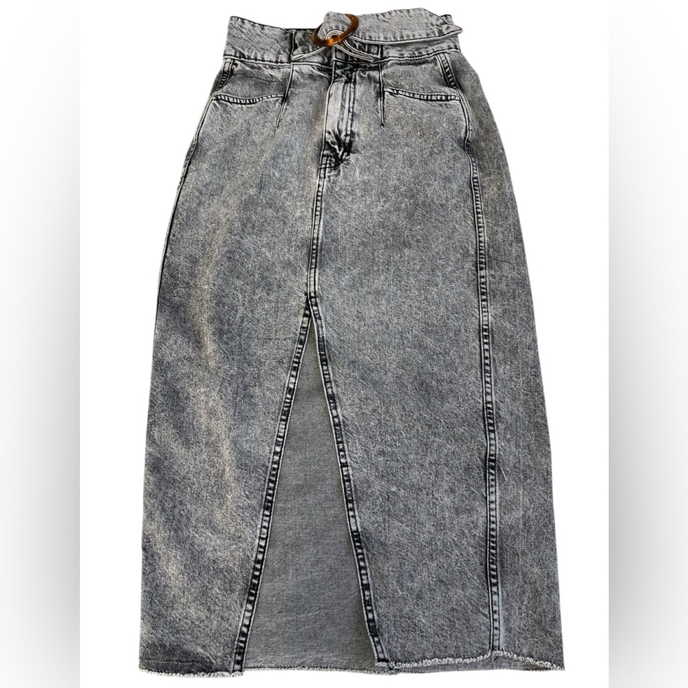 Zara High Waist Acid Wash Denim Midi Skirt Size Small Front Slit Belted Paperbag